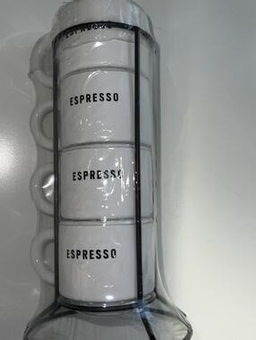 4 Espresso Coffee Cups Stackable with Metal Stand/ White/ Black , New